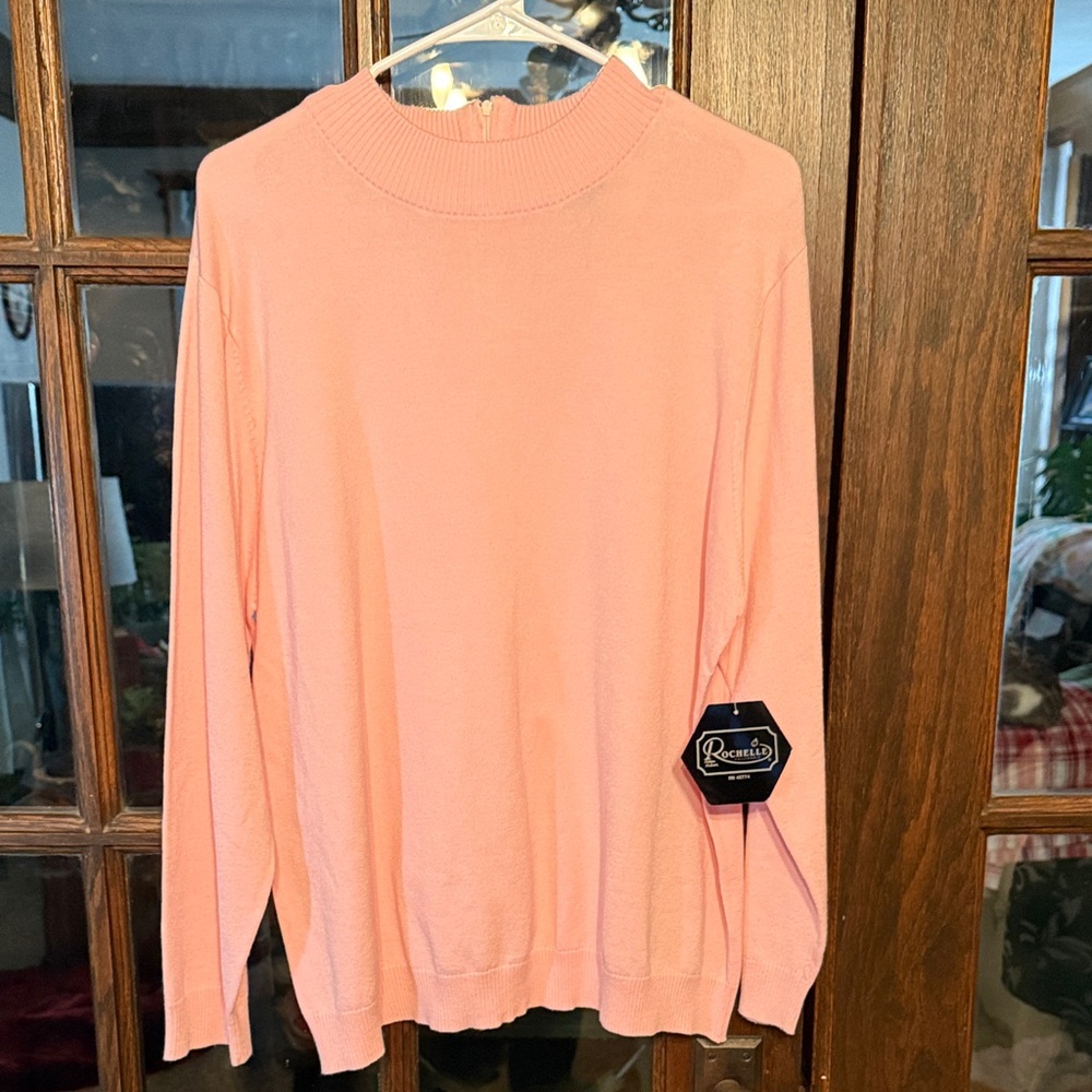 Rochelle California Peach Pink Mock Neck Back Zip Sweater Plus Size 3X NWT